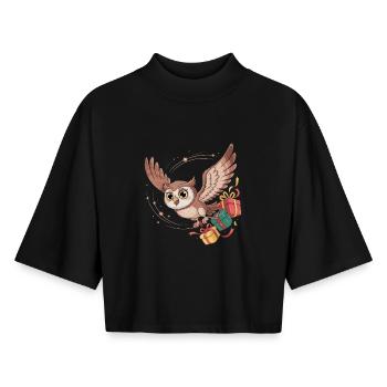 Eulenflug mit Geschenken - Boxy Frauen Recyceltes 1/2 Sleeved T-Shirt by Stanley/Stella - Schwarz - Vorne - AI Model Female 172 light (172cm)