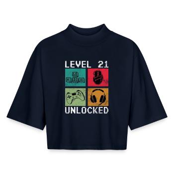 Level 21 Unlock Retro Gaming - Boxy Women's Recycled 1/2 Sleeved T-Shirt by Stanley/Stella - navy - Front - AI Model Female 172 light (172cm)