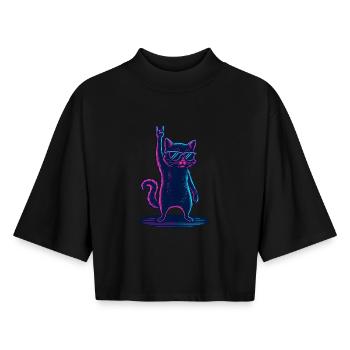 Rockender Kater Mit Sonnenbrille Party - Boxy Frauen Recyceltes 1/2 Sleeved T-Shirt by Stanley/Stella - Schwarz - Vorne - AI Model Female 172 light (172cm)