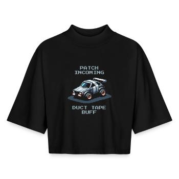 Patch : ruban adhésif | Humour des voitures RC - T-shirt femme coupe boxy recyclé manches mi-longues Stanley/Stella - noir - Devant - AI Model Female 172 light (172cm)