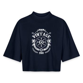 Anniversaire original vintage des années 1980 - T-shirt femme coupe boxy recyclé manches mi-longues Stanley/Stella - marine - Devant - AI Model Female 172 light (172cm)