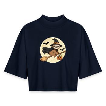 Mignonne Sorcière Paresseuse Halloween - T-shirt femme coupe boxy recyclé manches mi-longues Stanley/Stella - marine - Devant - AI Model Female 172 light (172cm)