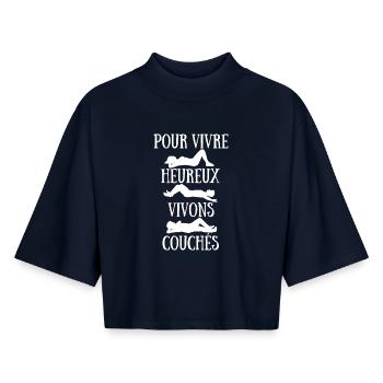 To live happily let's live in bed - Boxy Women's Recycled 1/2 Sleeved T-Shirt by Stanley/Stella - navy - Front - AI Model Female 172 light (172cm)