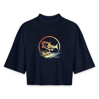 Angeln Retro Stil - Boxy Frauen Recyceltes 1/2 Sleeved T-Shirt by Stanley/Stella - Navy - Vorne - AI Model Female 172 light (172cm)