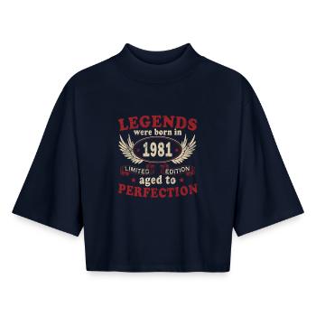 Année de naissance 1981 Légende de l’anniversaire du millésime 1981 - T-shirt femme coupe boxy recyclé manches mi-longues Stanley/Stella - marine - Devant - AI Model Female 172 light (172cm)