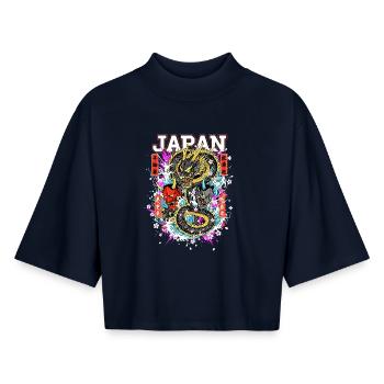 Japan Drache Hannya Maske – Neon Kirschblüten Art - Boxy Frauen Recyceltes 1/2 Sleeved T-Shirt by Stanley/Stella - Navy - Vorne - AI Model Female 172 light (172cm)