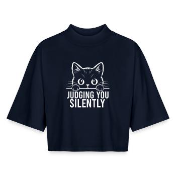 Chat drôle, je te juge en silence - T-shirt femme coupe boxy recyclé manches mi-longues Stanley/Stella - marine - Devant - AI Model Female 172 light (172cm)