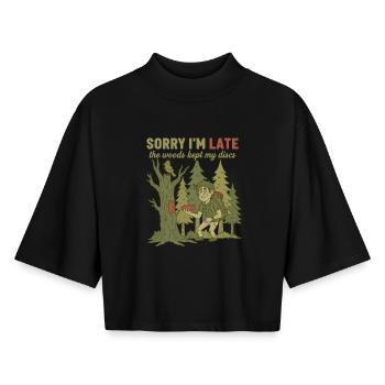 Sorry I Late, The Woods Kept My Discs Funny Disc - Boxy Frauen Recyceltes 1/2 Sleeved T-Shirt by Stanley/Stella - Schwarz - Vorne - AI Model Female 172 light (172cm)