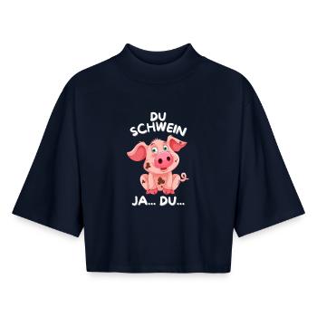 Cute Piggy Saying Design - Boxy Women's Recycled 1/2 Sleeved T-Shirt by Stanley/Stella - navy - Front - AI Model Female 172 light (172cm)