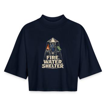 Prepper Überlebenskünstler Fire Water Shelter - Boxy Frauen Recyceltes 1/2 Sleeved T-Shirt by Stanley/Stella - Navy - Vorne - AI Model Female 172 light (172cm)