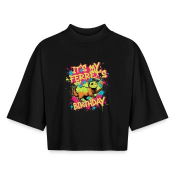 Anniversaire du furet - T-shirt femme coupe boxy recyclé manches mi-longues Stanley/Stella - noir - Devant - AI Model Female 172 light (172cm)