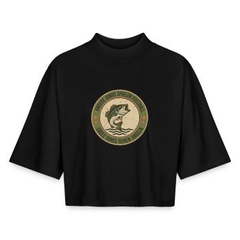 Retro Fischen Fischbadge Coole Jungs Gehen Angeln - Boxy Frauen Recyceltes 1/2 Sleeved T-Shirt by Stanley/Stella - Schwarz - Vorne - AI Model Female 172 light (172cm)
