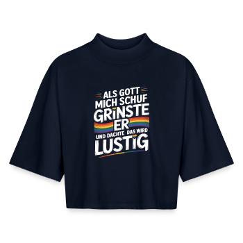 Als Gott mich schuf grinste er – Pride Humor - Boxy Frauen Recyceltes 1/2 Sleeved T-Shirt by Stanley/Stella - Navy - Vorne - AI Model Female 172 light (172cm)