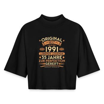 Original seit 1991 – Lebende Legende 35 Jahre - Boxy Frauen Recyceltes 1/2 Sleeved T-Shirt by Stanley/Stella - Schwarz - Vorne - AI Model Female 172 light (172cm)
