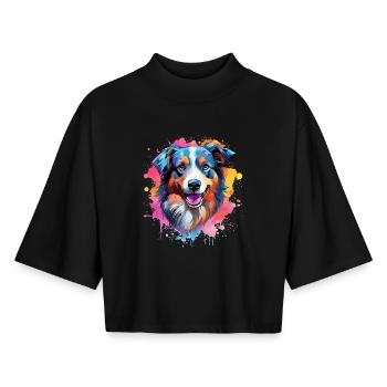 Farbenfrohe Splash-Kunst Australischer Schäferhund - Boxy Frauen Recyceltes 1/2 Sleeved T-Shirt by Stanley/Stella - Schwarz - Vorne - AI Model Female 172 light (172cm)