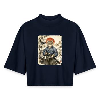 Samurai, Katze, Kater, Japanische Kunst, Anime - Boxy Frauen Recyceltes 1/2 Sleeved T-Shirt by Stanley/Stella - Navy - Vorne - AI Model Female 172 light (172cm)
