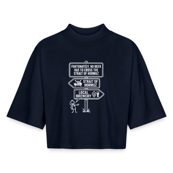 Fortunately No Beer Strait of Hormuz Humor - Boxy Women's Recycled 1/2 Sleeved T-Shirt by Stanley/Stella - navy - Front - AI Model Female 172 light (172cm)