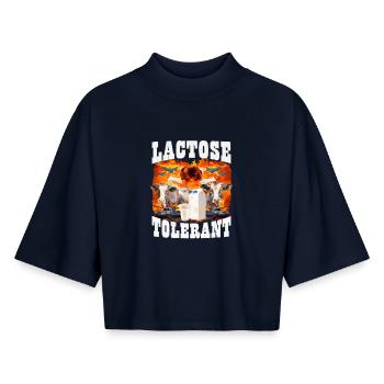 Lactose Tolerant Sarcasm Meme - Boxy Women's Recycled 1/2 Sleeved T-Shirt by Stanley/Stella - navy - Front - AI Model Female 172 light (172cm)