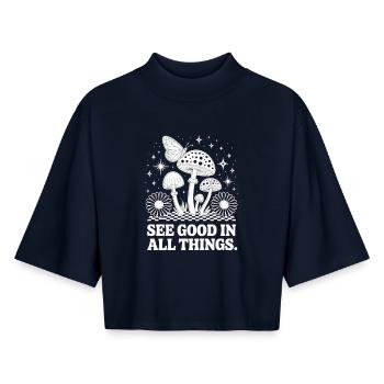 Pilz T-Shirt mit Schmetterling Spirituelles Motiv - Boxy Frauen Recyceltes 1/2 Sleeved T-Shirt by Stanley/Stella - Navy - Vorne - AI Model Female 172 light (172cm)