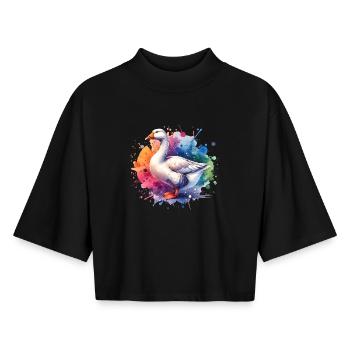 Don de l’Oie Pèlerine - T-shirt femme coupe boxy recyclé manches mi-longues Stanley/Stella - noir - Devant - AI Model Female 172 light (172cm)