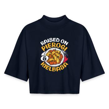 Grew up on Pierogi Kielbasa, Polish - Boxy Women's Recycled 1/2 Sleeved T-Shirt by Stanley/Stella - navy - Front - AI Model Female 172 light (172cm)
