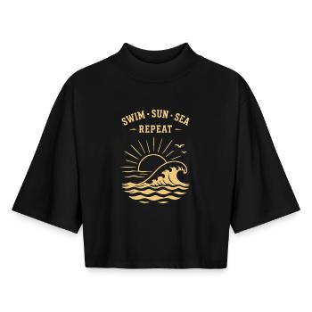 Swim Sun Sea Repeat Summer Waves Ocean - Boxy Women's Recycled 1/2 Sleeved T-Shirt by Stanley/Stella - black - Front - AI Model Female 172 light (172cm)