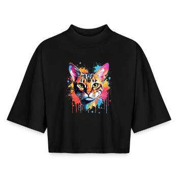 Visage de chat du Bengale Éclaboussures colorées - T-shirt femme coupe boxy recyclé manches mi-longues Stanley/Stella - noir - Devant - AI Model Female 172 light (172cm)