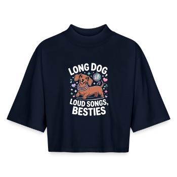 Dachshund Disco - T-shirt femme coupe boxy recyclé manches mi-longues Stanley/Stella - marine - Devant - AI Model Female 172 light (172cm)
