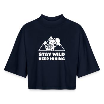 Wild Path : Foxes Adventure - T-shirt femme coupe boxy recyclé manches mi-longues Stanley/Stella - marine - Devant - AI Model Female 172 light (172cm)