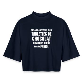 chocolat, j'aime le chocolat, tablette de chocolat - T-shirt femme coupe boxy recyclé manches mi-longues Stanley/Stella - marine - Devant - AI Model Female 172 light (172cm)