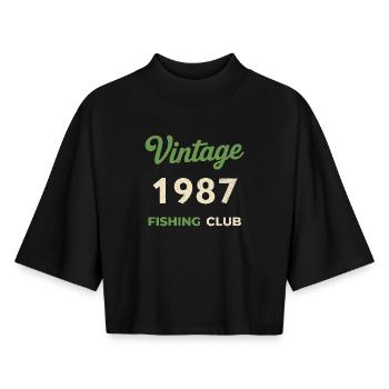 Vintage 1987 – Fishing Club Retro Birth Year - Boxy Women's Recycled 1/2 Sleeved T-Shirt by Stanley/Stella - black - Front - AI Model Female 172 light (172cm)