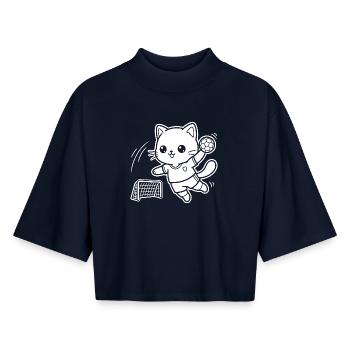 Joueur de handball Kawaii Cat - T-shirt femme coupe boxy recyclé manches mi-longues Stanley/Stella - marine - Devant - AI Model Female 172 light (172cm)