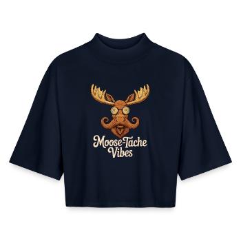 Humour Animal Élan Blague Moustache - T-shirt femme coupe boxy recyclé manches mi-longues Stanley/Stella - marine - Devant - AI Model Female 172 light (172cm)