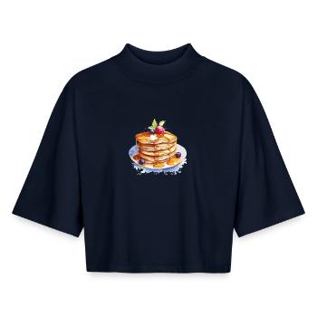 Crêpes à l’aquarelle avec du sirop - T-shirt femme coupe boxy recyclé manches mi-longues Stanley/Stella - marine - Devant - AI Model Female 172 light (172cm)