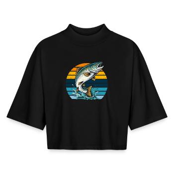 Lachs Angeln Fischen Angler Retro Vintage Natur - Boxy Frauen Recyceltes 1/2 Sleeved T-Shirt by Stanley/Stella - Schwarz - Vorne - AI Model Female 172 light (172cm)