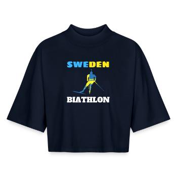Biathlon Suède silhouette bleue jaune - T-shirt femme coupe boxy recyclé manches mi-longues Stanley/Stella - marine - Devant - AI Model Female 172 light (172cm)