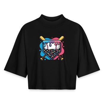 Baseball Home Plate Donut Mit Streuseln - Boxy Frauen Recyceltes 1/2 Sleeved T-Shirt by Stanley/Stella - Schwarz - Vorne - AI Model Female 172 light (172cm)