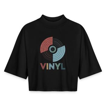 Vinyl rétro - T-shirt femme coupe boxy recyclé manches mi-longues Stanley/Stella - noir - Devant - AI Model Female 172 light (172cm)