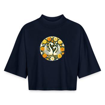 Cygnes dans le cercle fleuri doré - T-shirt femme coupe boxy recyclé manches mi-longues Stanley/Stella - marine - Devant - AI Model Female 172 light (172cm)