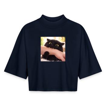 Freche Katze beim Beißen – Lustige „Küsschen mit Z - Boxy Frauen Recyceltes 1/2 Sleeved T-Shirt by Stanley/Stella - Navy - Vorne - AI Model Female 172 light (172cm)