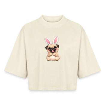 Petit chien carlin mignon avec des oreilles de lapin dessin animé de Pâques - T-shirt femme coupe boxy recyclé manches mi-longues Stanley/Stella - écru doux - Devant - AI Model Female 172 dark (172cm)