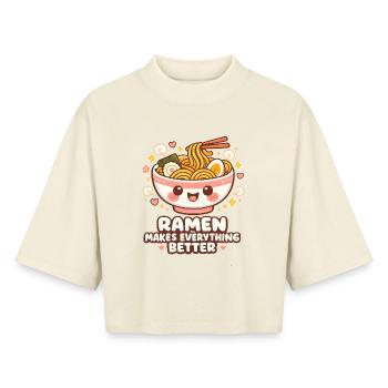 Bol de nouilles ramen Kawaii - T-shirt femme coupe boxy recyclé manches mi-longues Stanley/Stella - écru doux - Devant - AI Model Female 172 dark (172cm)