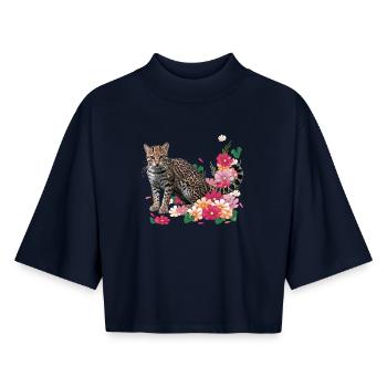 Floraler Leopard mit Blüten - Boxy Frauen Recyceltes 1/2 Sleeved T-Shirt by Stanley/Stella - Navy - Vorne - AI Model Female 172 light (172cm)