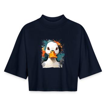 Ausdrucksstarker Gänseporträt mit Farbexplosionen - Boxy Frauen Recyceltes 1/2 Sleeved T-Shirt by Stanley/Stella - Navy - Vorne - AI Model Female 172 light (172cm)