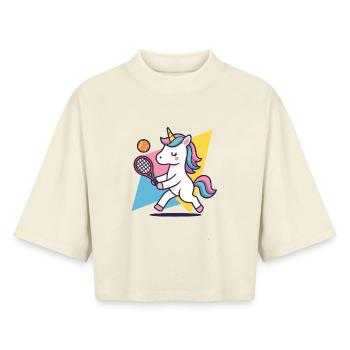 Kawaii licorne tennis, motif sportif coloré, mignon - T-shirt femme coupe boxy recyclé manches mi-longues Stanley/Stella - écru doux - Devant - AI Model Female 172 dark (172cm)