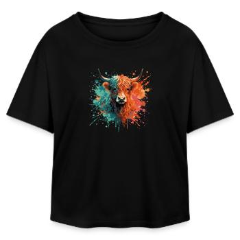 Highland Cattle Watercolor Painting – Color Splash Animal Art - Relaxed Fit Women's Modal Cotton T-Shirt by Stanley/Stella - black - Front - AI Model Female 172 light (172cm)