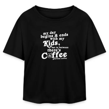 My Day Begins With Kids And Coffee Funny Quotes - Relaxed Fit Women's Modal Cotton T-Shirt by Stanley/Stella - black - Front - AI Model Female 172 light (172cm)