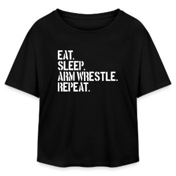Eating, sleeping, arm wrestling, repeating, arm wrestling - Relaxed Fit Women's Modal Cotton T-Shirt by Stanley/Stella - black - Front - AI Model Female 172 light (172cm)