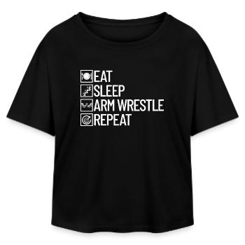Eating, sleeping, arm wrestling, repeating, arm wrestling - Relaxed Fit Women's Modal Cotton T-Shirt by Stanley/Stella - black - Front - AI Model Female 172 light (172cm)