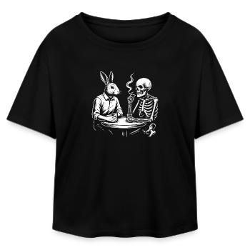 Rabbit and Skeleton drinking beer at the Table - Relaxed Fit Women's Modal Cotton T-Shirt by Stanley/Stella - black - Front - AI Model Female 172 light (172cm)